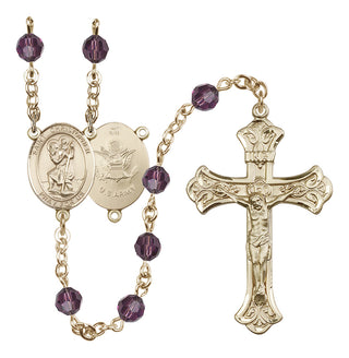 14 Karat Gold 6mm Austrian Crystal Saint Christopher / Army Rosary in Amethyst