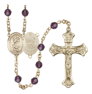 14 Karat Gold 6mm Austrian Crystal Saint Christopher / Coast Guard Rosary in Amethyst