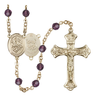 14 Karat Gold 6mm Austrian Crystal Saint George / Coast Guard Rosary in Amethyst