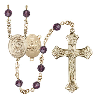 14 Karat Gold 6mm Austrian Crystal Saint Michael / EMT Rosary in Amethyst
