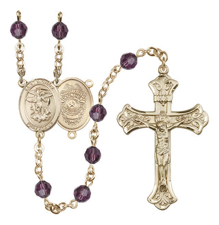 14 Karat Gold 6mm Austrian Crystal Saint Michael the Archangel/Policeman Rosary in Amethyst
