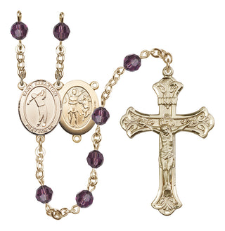 14 Karat Gold 6mm Austrian Crystal Saint Sebastian/Golf Rosary in Amethyst