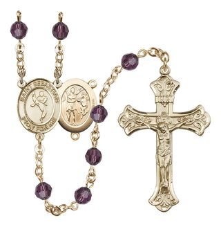 14 Karat Gold 6mm Austrian Crystal Saint Sebastian/Martial Arts Rosary in Amethyst