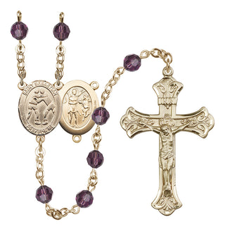 14 Karat Gold 6mm Austrian Crystal Saint Sebastian/Wrestling Rosary in Amethyst