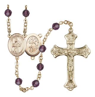 14 Karat Gold 6mm Austrian Crystal Saint Sebastian / Baseball Rosary in Amethyst