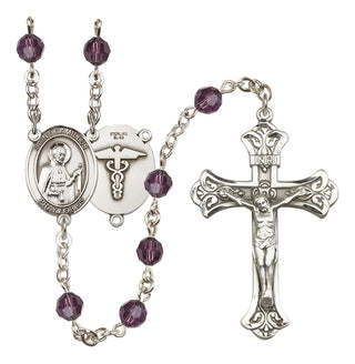 Sterling Silver 6mm Austrian Crystal Saint Camillus of Lellis / Nurse Rosary in Amethyst