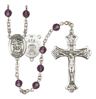 Sterling Silver 6mm Austrian Crystal Saint Michael / Air Force Rosary in Amethyst