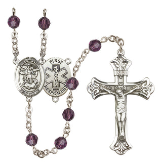 Sterling Silver 6mm Austrian Crystal Saint Michael/1St Responder Rosary in Amethyst