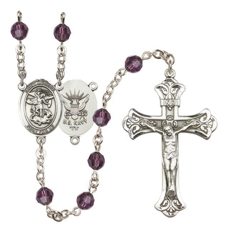 Sterling Silver 6mm Austrian Crystal Saint Michael / Navy Rosary in Amethyst