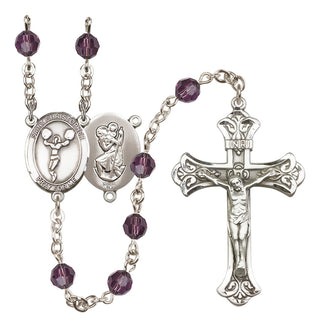 Sterling Silver 6mm Austrian Crystal Saint Christopher/Cheerleading Rosary in Amethyst
