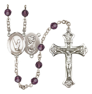 Sterling Silver 6mm Austrian Crystal Saint Christopher/Gymnastics Rosary in Amethyst