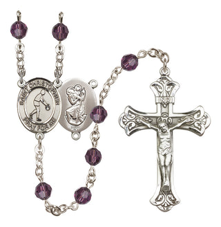 Sterling Silver 6mm Austrian Crystal Saint Christopher/Basketball Rosary in Amethyst