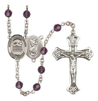 Sterling Silver 6mm Austrian Crystal Saint Christopher/Swimming Rosary in Amethyst