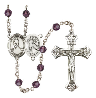 Sterling Silver 6mm Austrian Crystal Saint Sebastian/Ice Hockey Rosary in Amethyst