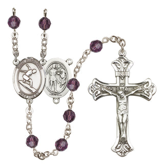 Sterling Silver 6mm Austrian Crystal Saint Sebastian/Surfing Rosary in Amethyst