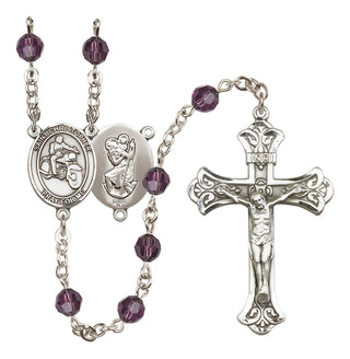 Sterling Silver 6mm Austrian Crystal Saint Christopher/Motorcycle Rosary in Amethyst