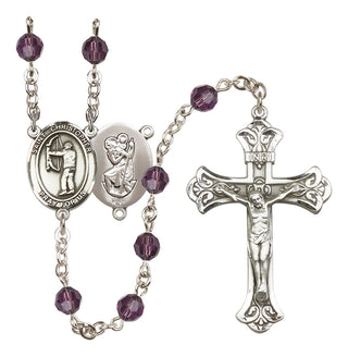 Sterling Silver 6mm Austrian Crystal Saint Christopher/Archery Rosary in Amethyst