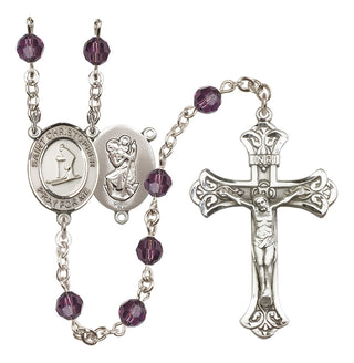 Sterling Silver 6mm Austrian Crystal Saint Christopher / Skiing Rosary in Amethyst