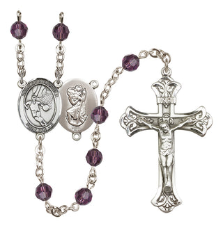 Sterling Silver 6mm Austrian Crystal Saint Christopher/Basketball Rosary in Amethyst