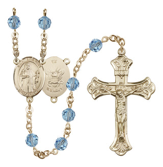 14 Karat Gold-Filled 6mm Austrian Crystal Saint Brendan the Navigator/Navy Rosary in Aqua