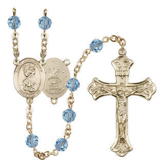 14 Karat Gold-Filled 6mm Austrian Crystal Saint Christopher / Air Force Rosary in Aqua