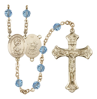 14 Karat Gold-Filled 6mm Austrian Crystal Saint Christopher / Navy Rosary in Aqua