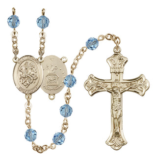 14 Karat Gold-Filled 6mm Austrian Crystal Saint George / Air Force Rosary in Aqua