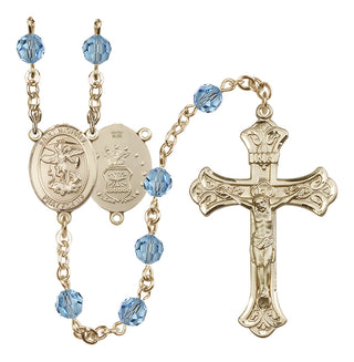 14 Karat Gold-Filled 6mm Austrian Crystal Saint Michael / Air Force Rosary in Aqua