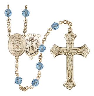 14 Karat Gold-Filled 6mm Austrian Crystal Saint Michael/1St Responder Rosary in Aqua
