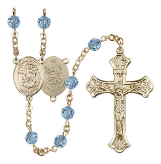 14 Karat Gold-Filled 6mm Austrian Crystal Saint Michael / Coast Guard Rosary in Aqua
