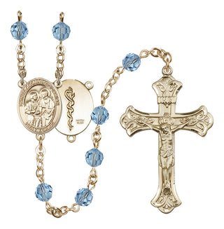 14 Karat Gold-Filled 6mm Austrian Crystal Saints Cosmas & Damian / Doctors Rosary in Aqua