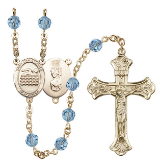 14 Karat Gold-Filled 6mm Austrian Crystal Saint Christopher/Swimming Rosary in Aqua