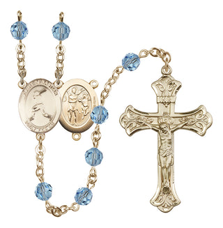 14 Karat Gold-Filled 6mm Austrian Crystal Saint Sebastian/Baseball Rosary in Aqua