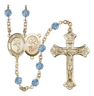 14 Karat Gold-Filled 6mm Austrian Crystal Saint Sebastian/Martial Arts Rosary in Aqua