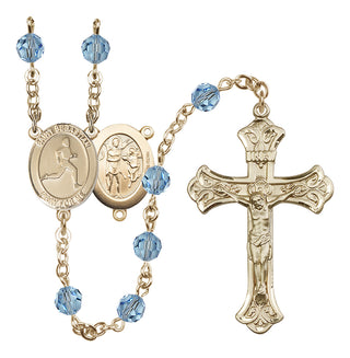 14 Karat Gold-Filled 6mm Austrian Crystal Saint Sebastian/Track & Field Rosary in Aqua
