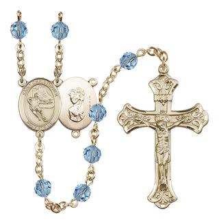 14 Karat Gold-Filled 6mm Austrian Crystal Saint Christopher/Hockey Rosary in Aqua
