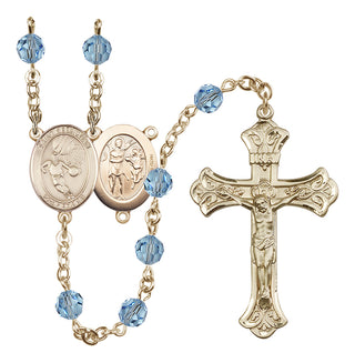 14 Karat Gold-Filled 6mm Austrian Crystal Saint Sebastian/Basketball Rosary in Aqua