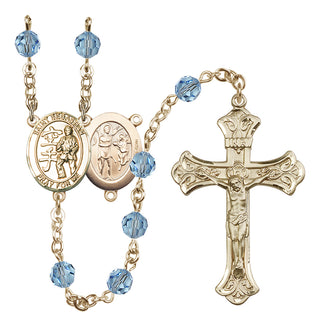 14 Karat Gold-Filled 6mm Austrian Crystal Saint Sebastian/Karate Rosary in Aqua