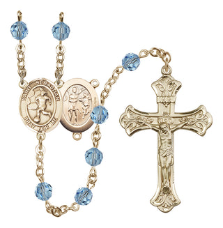 14 Karat Gold-Filled 6mm Austrian Crystal Saint Sebastian/Soccer-Women Rosary in Aqua