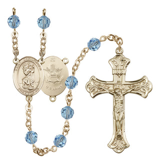 14 Karat Gold 6mm Austrian Crystal Saint Christopher / Army Rosary in Aqua