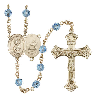 14 Karat Gold 6mm Austrian Crystal Saint Christopher / Navy Rosary in Aqua