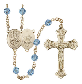 14 Karat Gold 6mm Austrian Crystal Saint George / Navy Rosary in Aqua