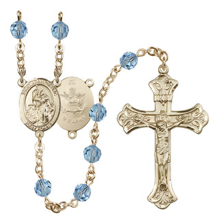 14 Karat Gold 6mm Austrian Crystal Saint Joan of Arc / Army Rosary in Aqua
