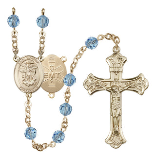 14 Karat Gold 6mm Austrian Crystal Saint Michael / EMT Rosary in Aqua