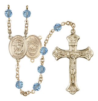 14 Karat Gold 6mm Austrian Crystal Saint Michael the Archangel/Policeman Rosary in Aqua