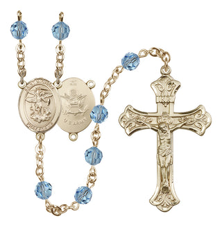 14 Karat Gold 6mm Austrian Crystal Saint Michael / Army Rosary in Aqua