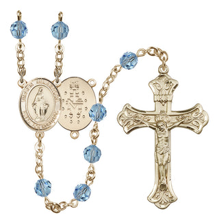 14 Karat Gold 6mm Austrian Crystal Virgen Milagrosa Rosary in Aqua
