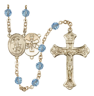 14 Karat Gold 6mm Austrian Crystal Guardian Angel / EMT Rosary in Aqua