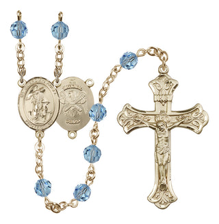 14 Karat Gold 6mm Austrian Crystal Guardian Angel / Nat'l Guard Rosary in Aqua