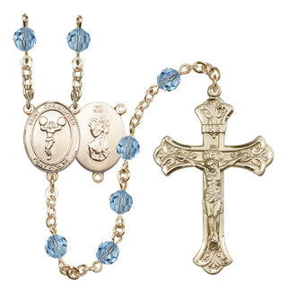14 Karat Gold 6mm Austrian Crystal Saint Christopher/Cheerleading Rosary in Aqua